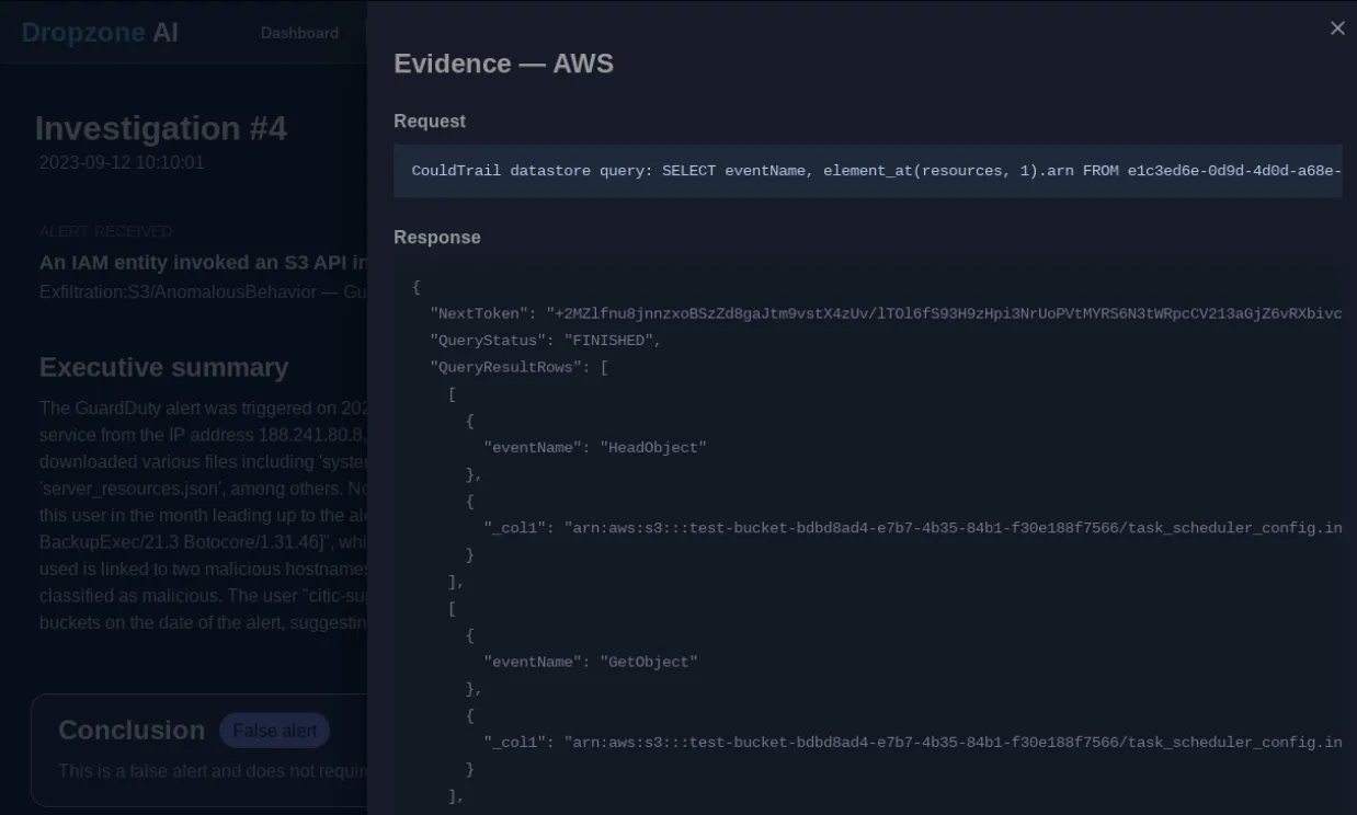 Dropzone Dashboard Image of Evidence - AWS