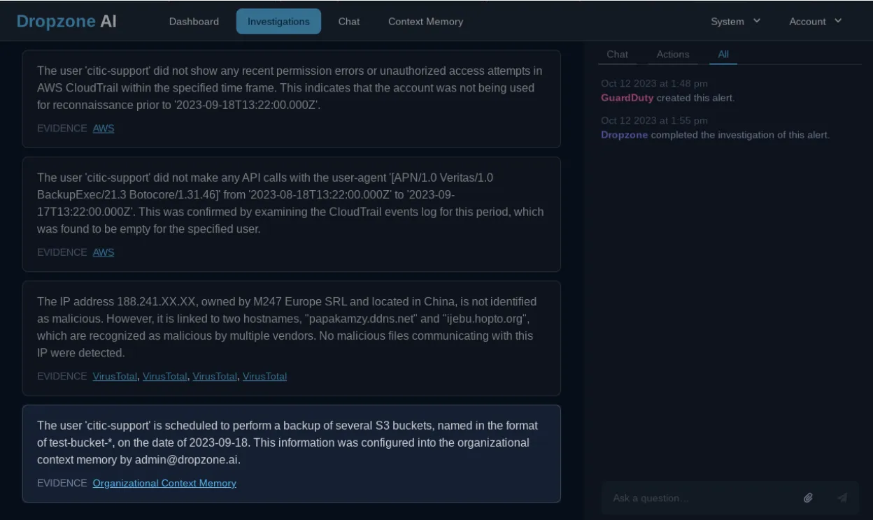 Dropzone AI Dashboard Image of Investigations and Permissions