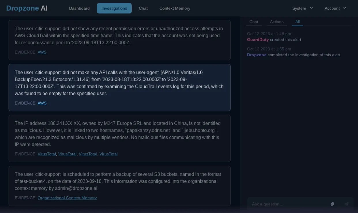Dropzone AI Dashboard Image of Investigations