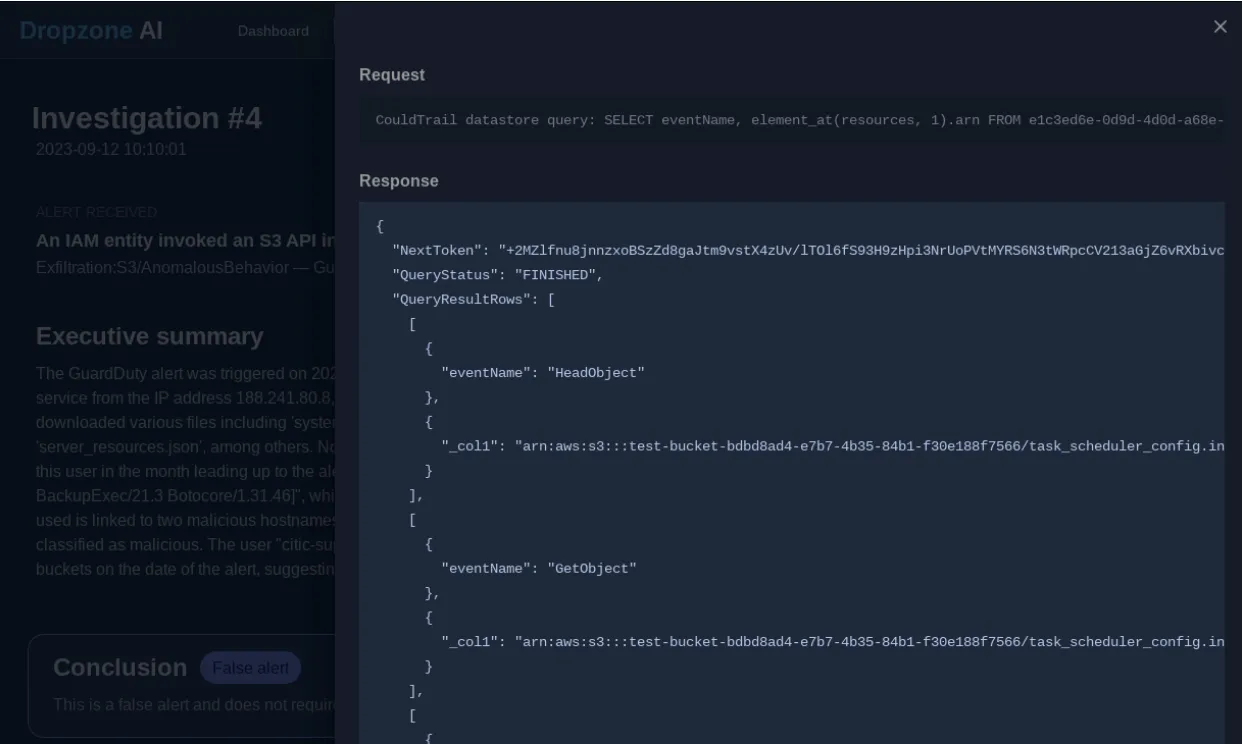 Dropzone AI Dashboard Image of Investigation Request
