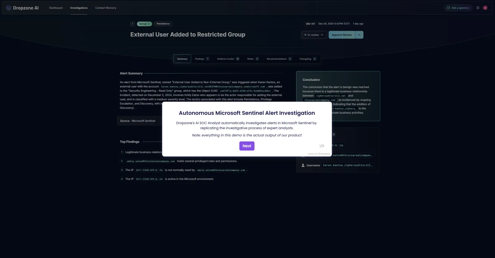 A screenshot of a webpage with a purple button that says "AutoSentinal Investigation".