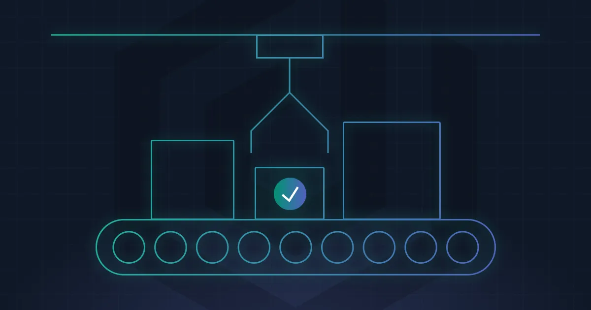 Dropzone AI quality control assembly line graphic featuring blue checkmark on green background representing security validation