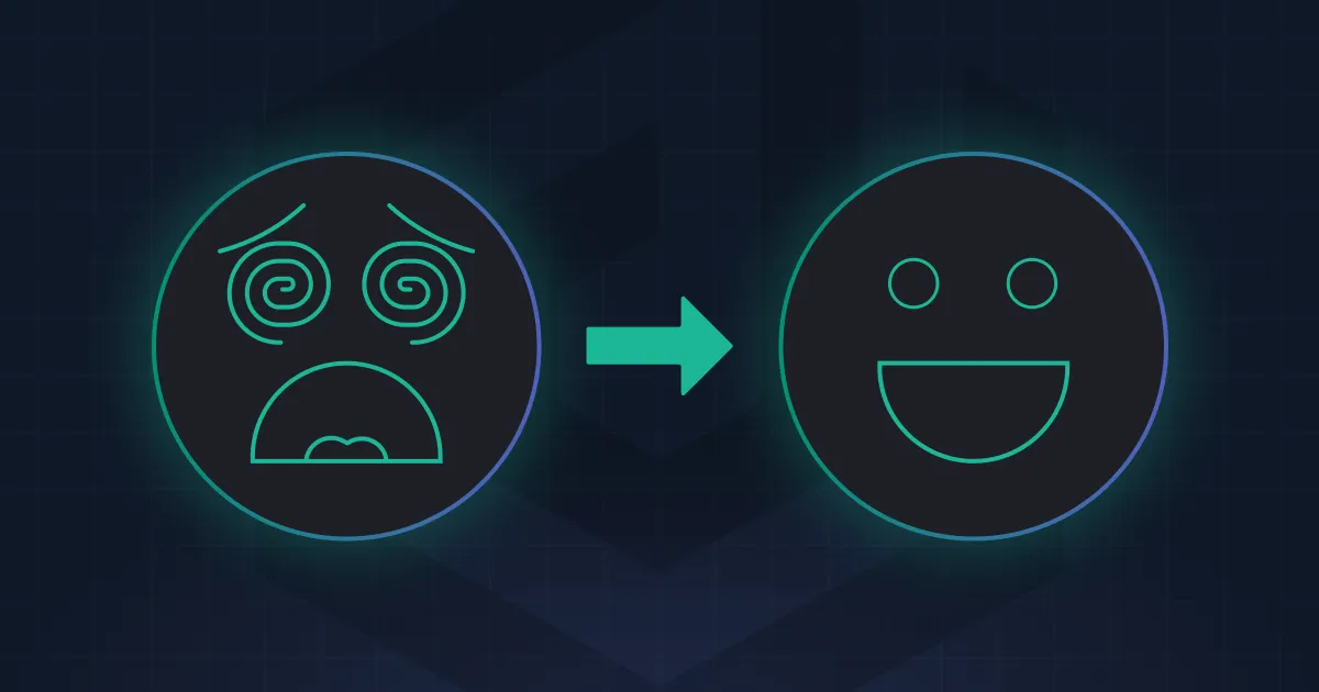 A green and black spiral graphic with a sad face and a green arrow pointing up.