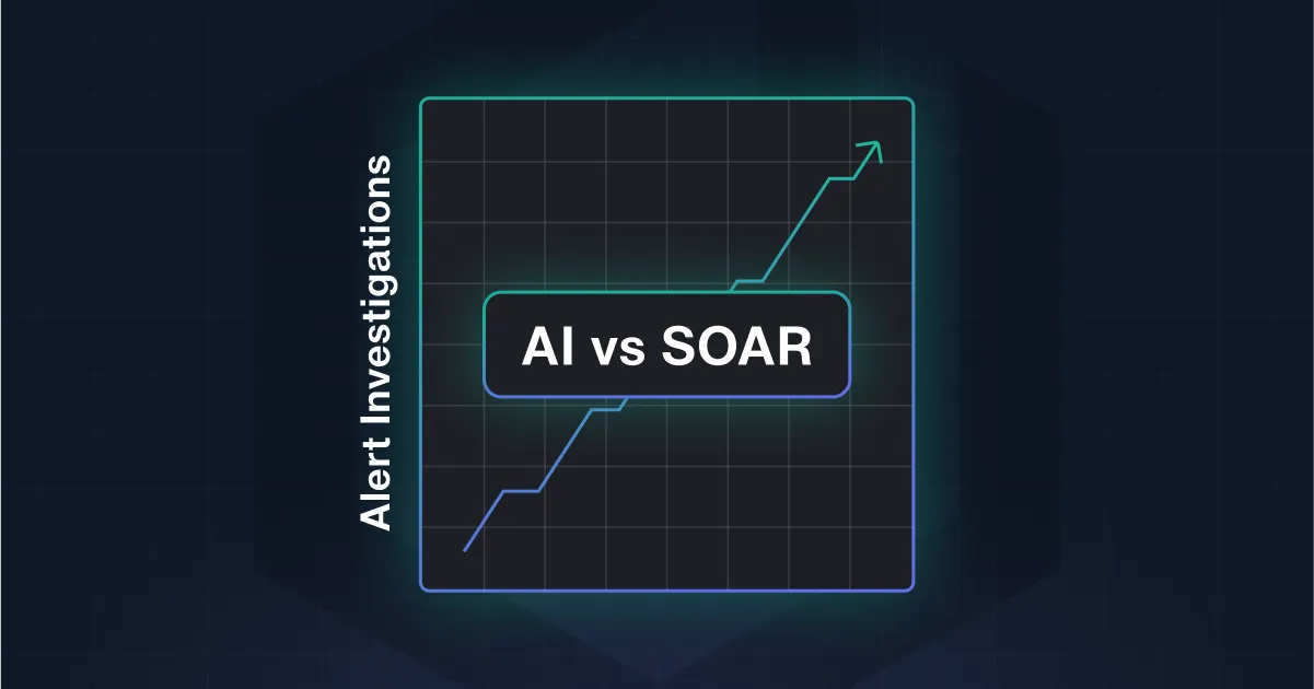 A graphic of a blue arrow pointing up with the words "AI vs SOAR" written on it.