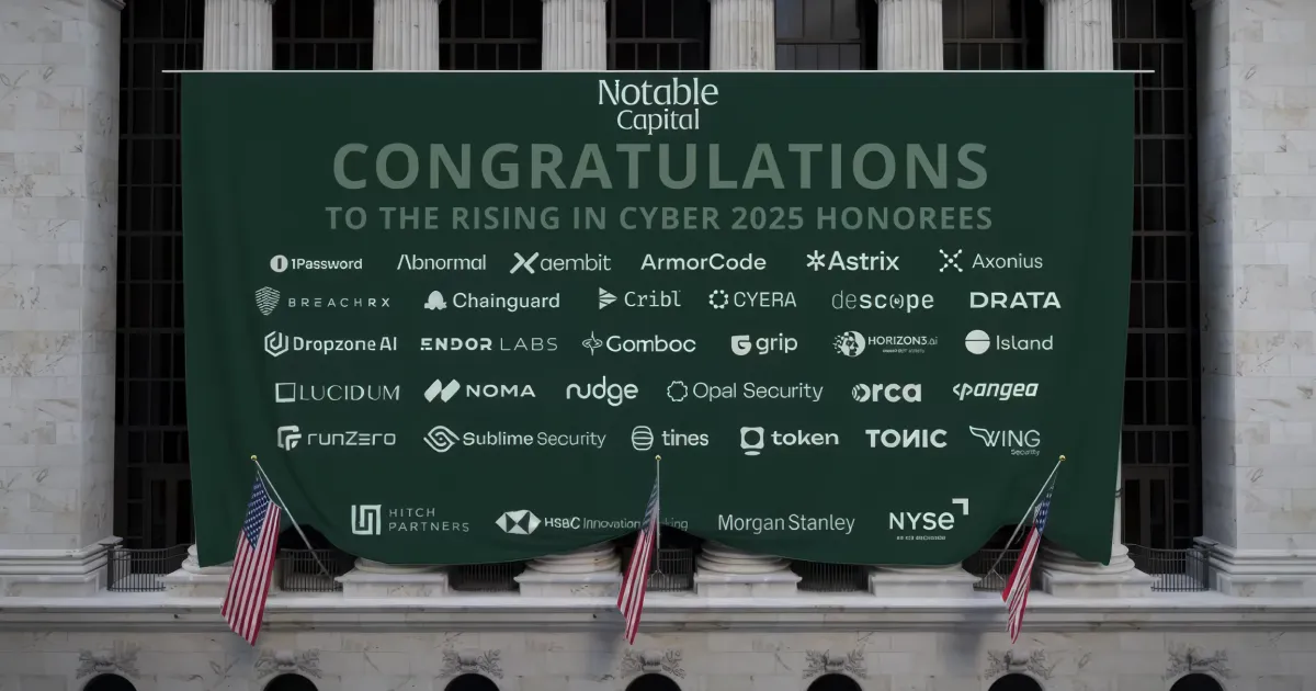 Dropzone AI Rising in Cyber 2025 award banner with green congratulatory text for Notable Capital recognition