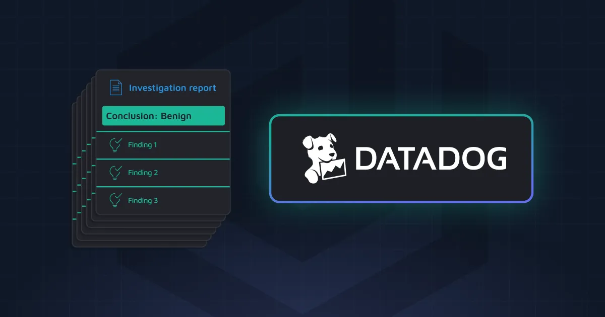 Dropzone AI Datadog integration graphic showcasing automated security monitoring and alert investigation capabilities