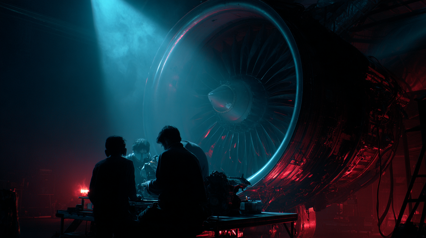 A group of people working on a jet engine.