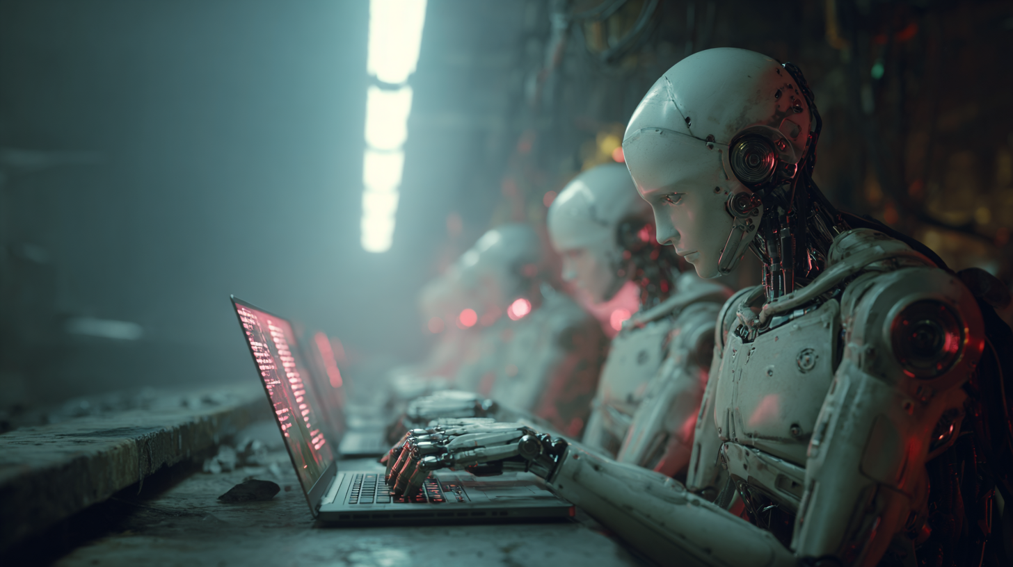 A robot with a laptop on its lap.