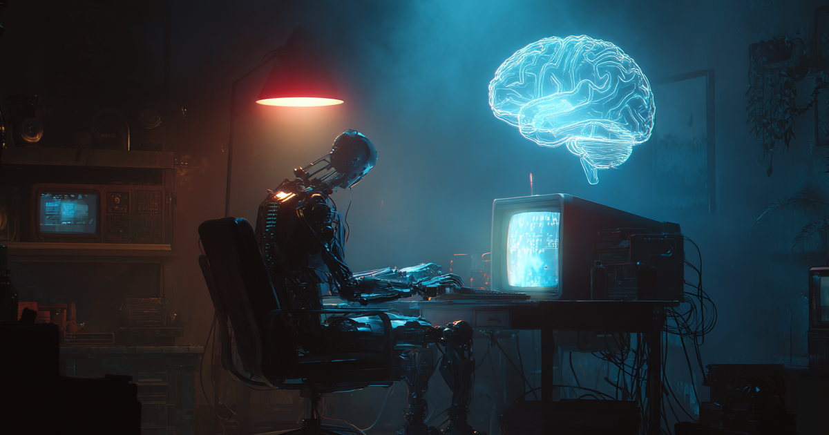 A robot sits in front of a TV screen.