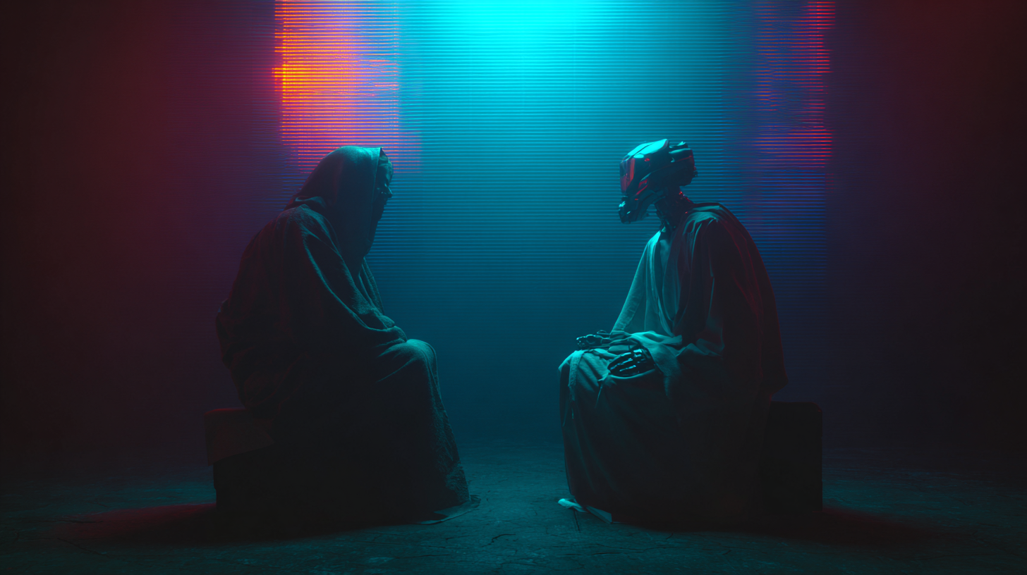 Two skeletons sit on a bench in a dark room.