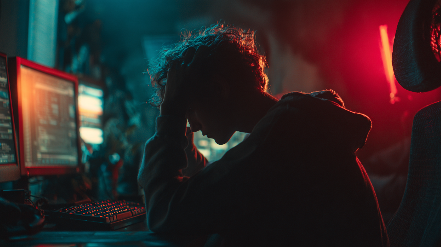 A man with curly hair and a beard is sitting at a desk with a computer keyboard.