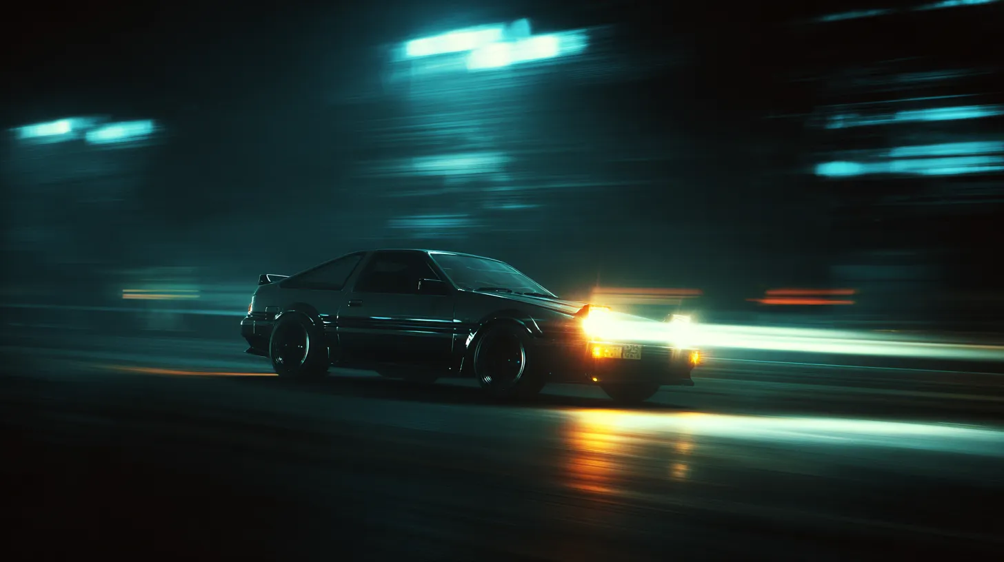 A car is driving down a road at night.