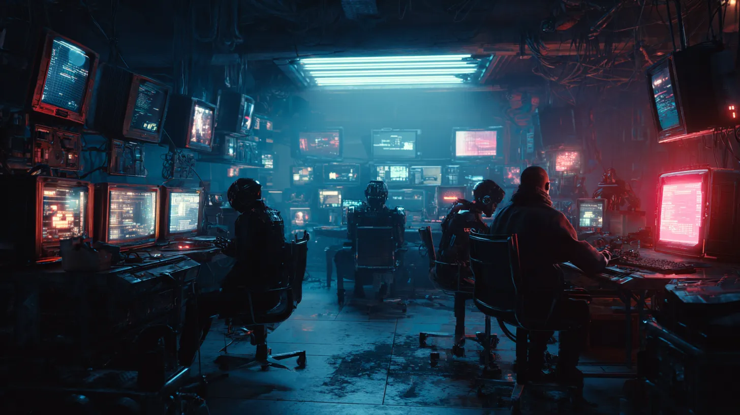 A group of people sitting in front of computer monitors in a dark room.