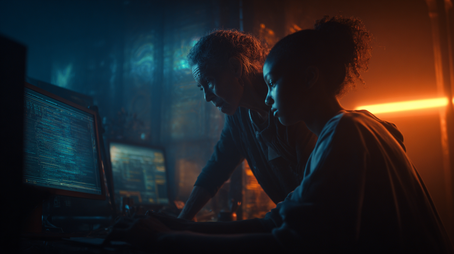 A woman and a girl are working on a computer.