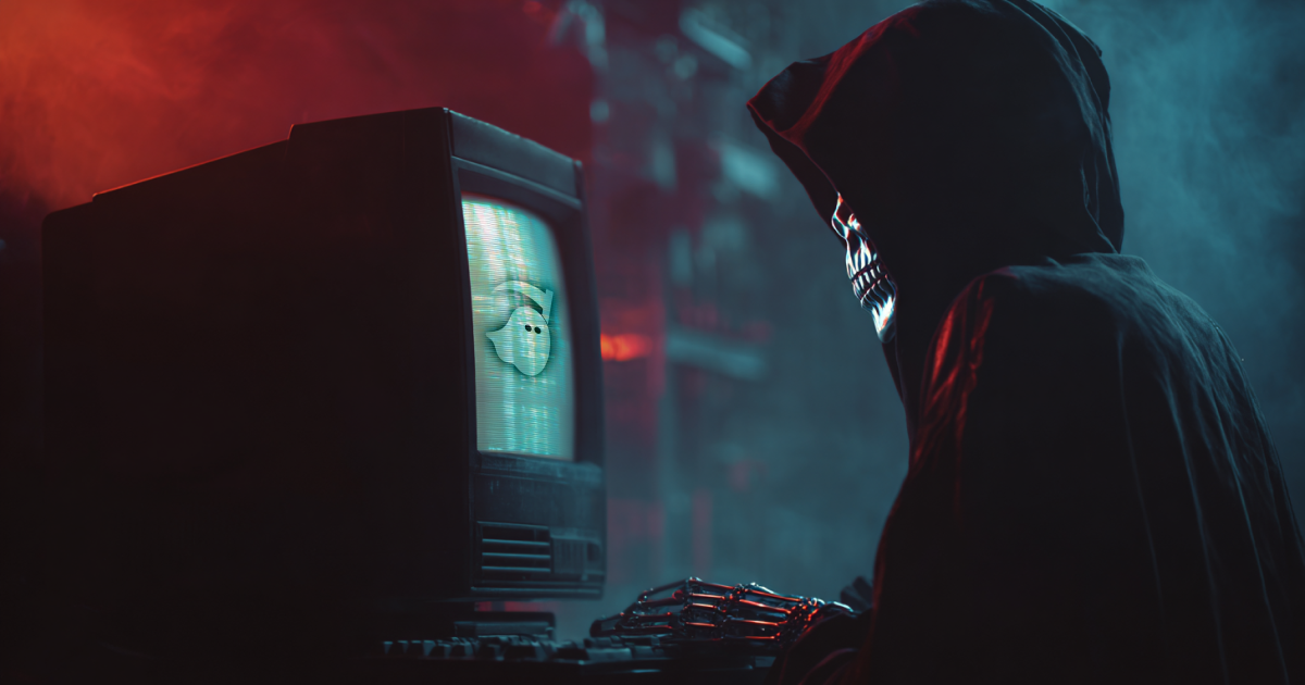 A skeleton wearing a hooded robe and holding a keyboard.