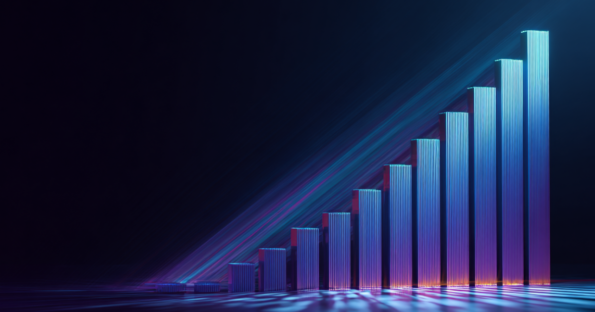 A blue and purple lighted graphic of a building.