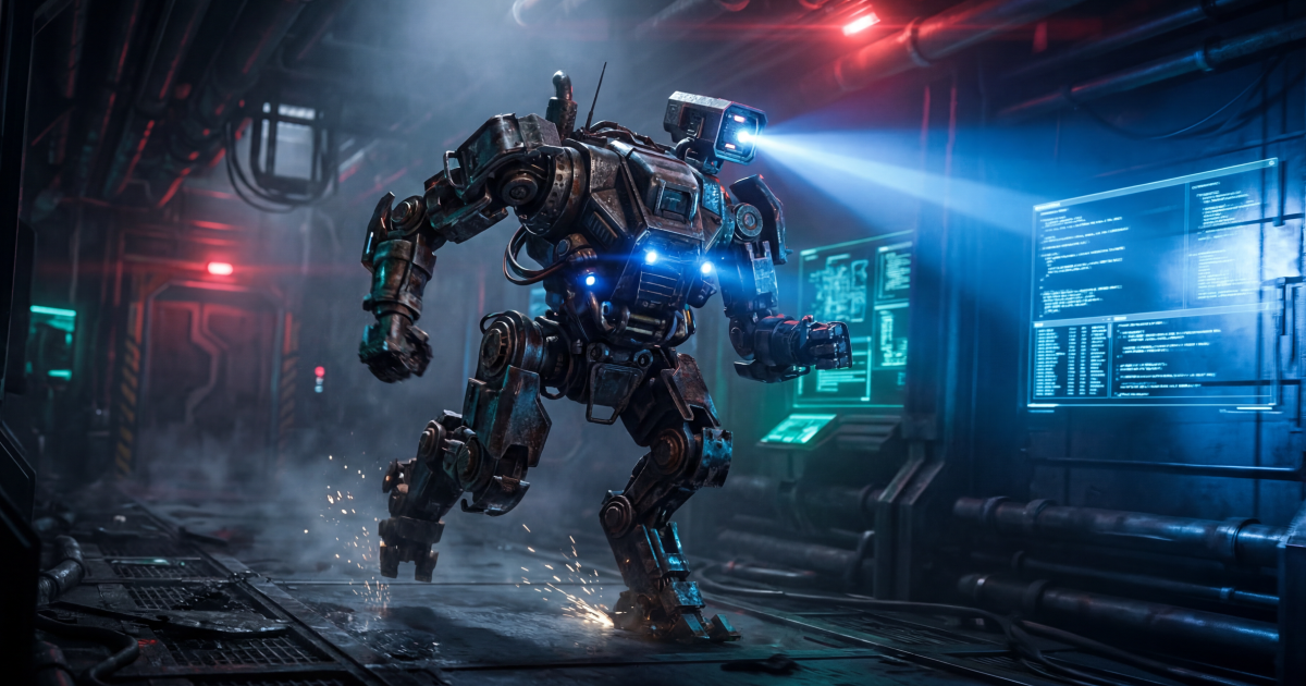 A battle-worn combat mech stands in a dimly lit industrial facility, its blue power core glowing as sparks fly from its feet. Holographic code displays and red warning lights illuminate the smoky background.