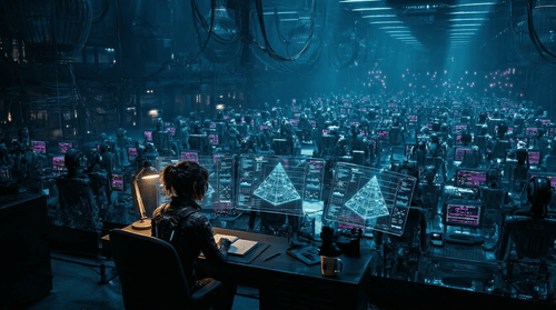 A security analyst sits at a command desk overlooking a vast, dimly lit operations floor filled with rows of AI agents working at glowing monitors. Holographic displays show pyramid-shaped data visualizations in front of the analyst, illustrating the agent