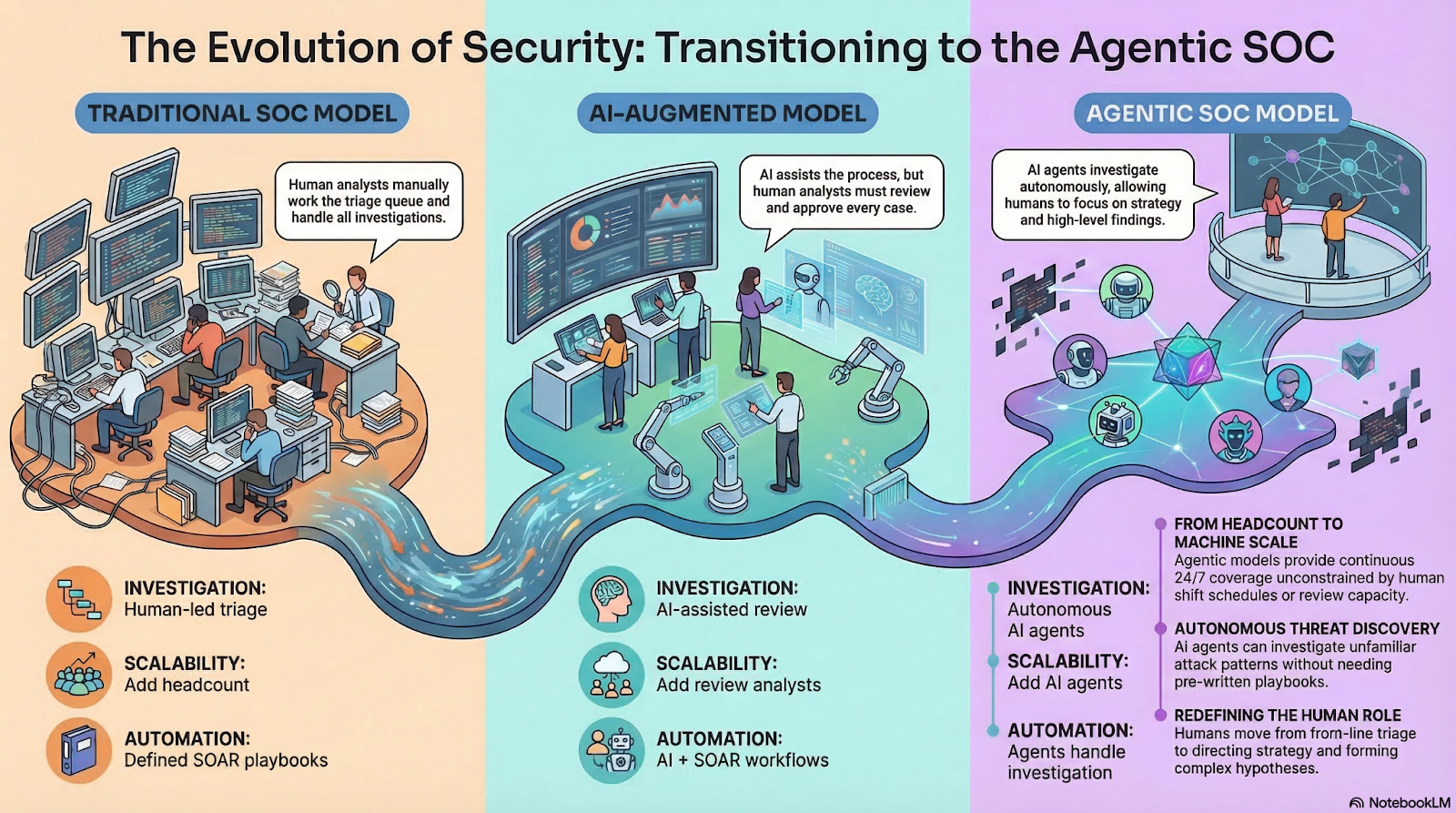 Infographic comparing three SOC models side by side: the Traditional SOC Model with human-led triage and SOAR playbooks, the AI-Augmented Model with AI-assisted review requiring human approval, and the Agentic SOC Model where autonomous AI agents handle investigation while humans focus on strategy. Each model is compared across investigation approaches, scalability, and automation methods.