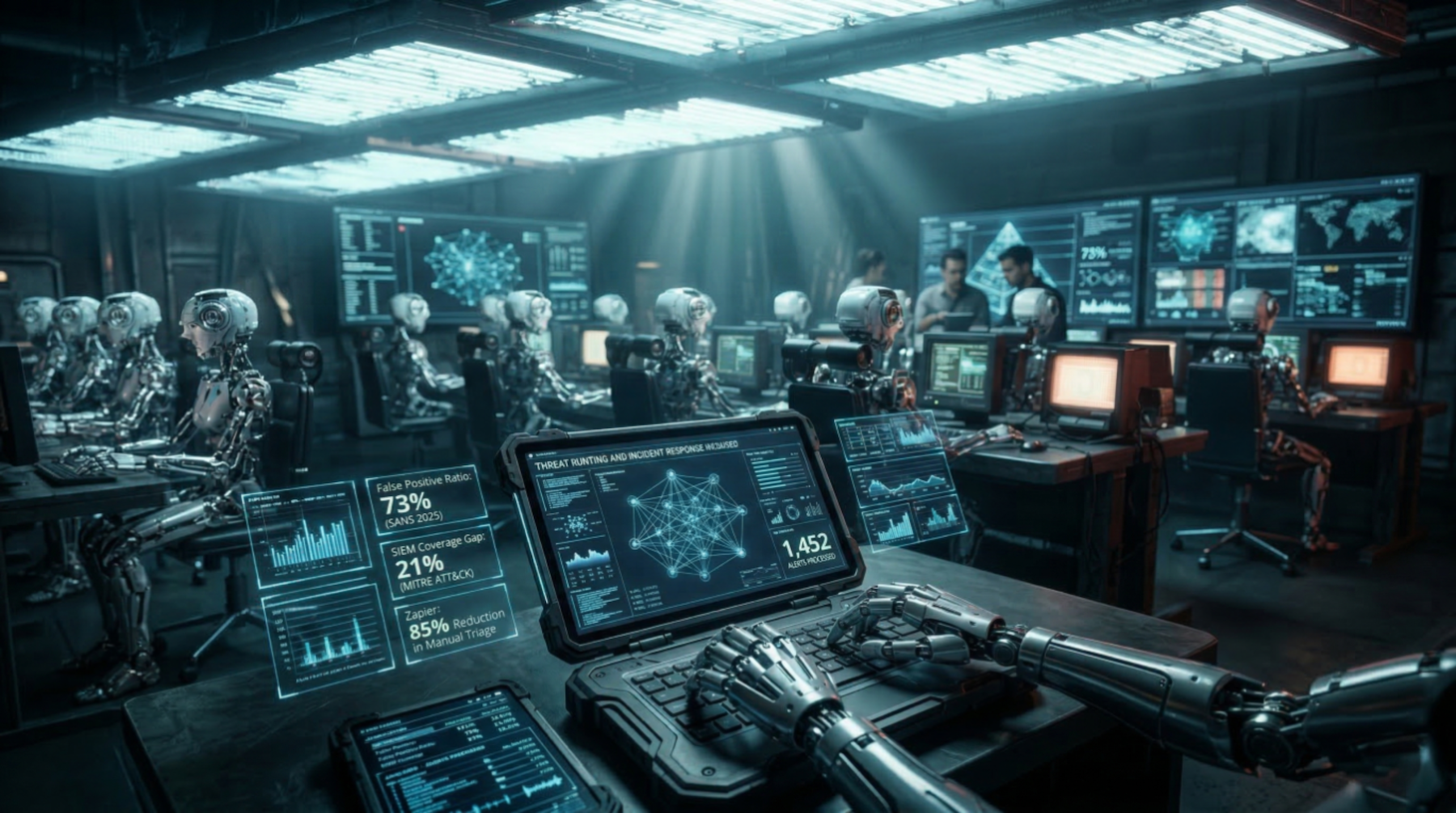 A robotic hand operates a threat hunting and incident response console in an AI-staffed SOC, with holographic overlays displaying key metrics including a 73% false positive ratio, 21% SIEM coverage gap, and 85% reduction in manual triage — as rows of human