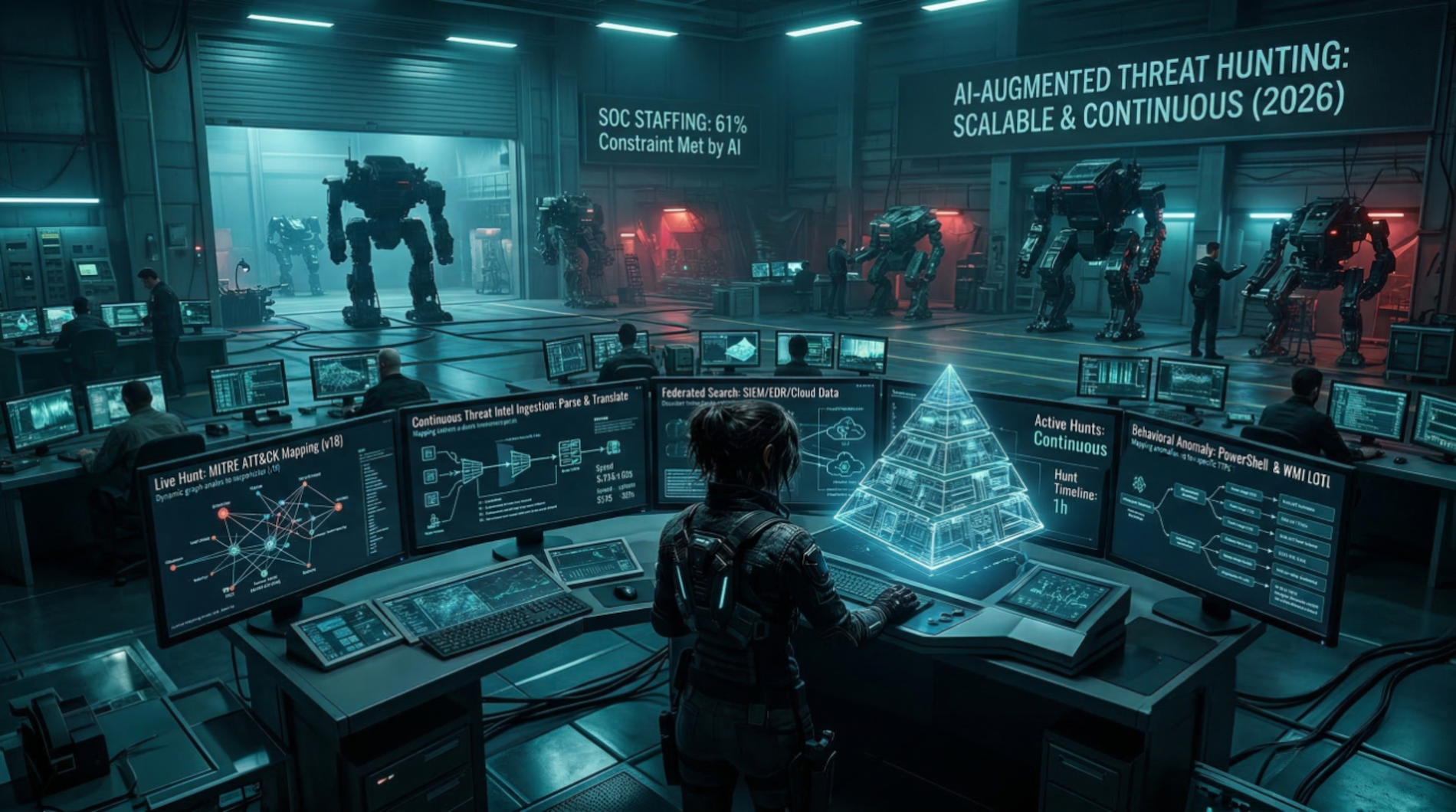 A lone analyst oversees an AI-augmented threat hunting operations center, surrounded by screens displaying live MITRE ATT&CK mapping, federated SIEM/EDR/cloud searches, and continuous threat intel ingestion — with combat mechs standing guard and overlaid s