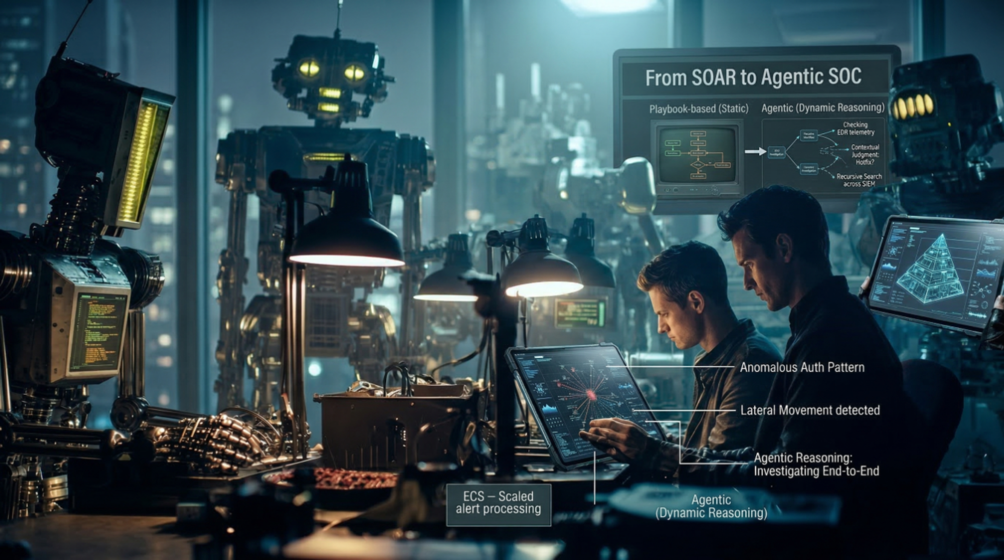 Two security analysts work at a threat investigation console surrounded by autonomous AI robots, with overlaid labels highlighting agentic SOC capabilities including anomalous auth pattern detection, lateral movement identification, and end-to-end agentic 
