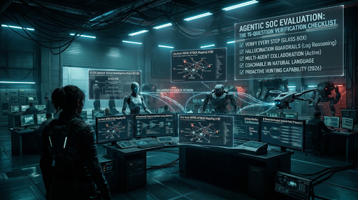 overlooking a vast, dark Security Operations Center (SOC). The woman, in a black tactical jacket, faces a massive hall filled with rows of identical humanoid robot analysts, each sitting at their own desk with dual monitors backlit in pink and purple. 