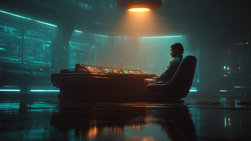 A threat hunter sits at a command station in a dark, haze-filled SOC environment, observing glowing teal data screens while amber light illuminates the workspace from above, reflecting off the floor below.