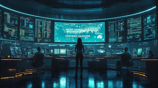 security operations center, a female analyst standing at center facing a large curved screen wall displaying a global threat map with "Hunt Complete — Controls Validated" in teal text, flanked by two humanoid AI agents seated at workstations running code