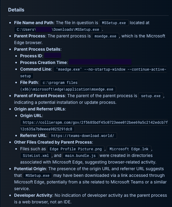 Finding Detail: MSSetup.exe download origin Dropzone AI investigation details panel showing MSSetup.exe located in the user Downloads folder, with parent process msedge.exe (Microsoft Edge), origin URL from collierspm.com, and referrer URL https://teams-download.world/ — indicating the file was downloaded through Edge after visiting a spoofed Microsoft Teams download page.