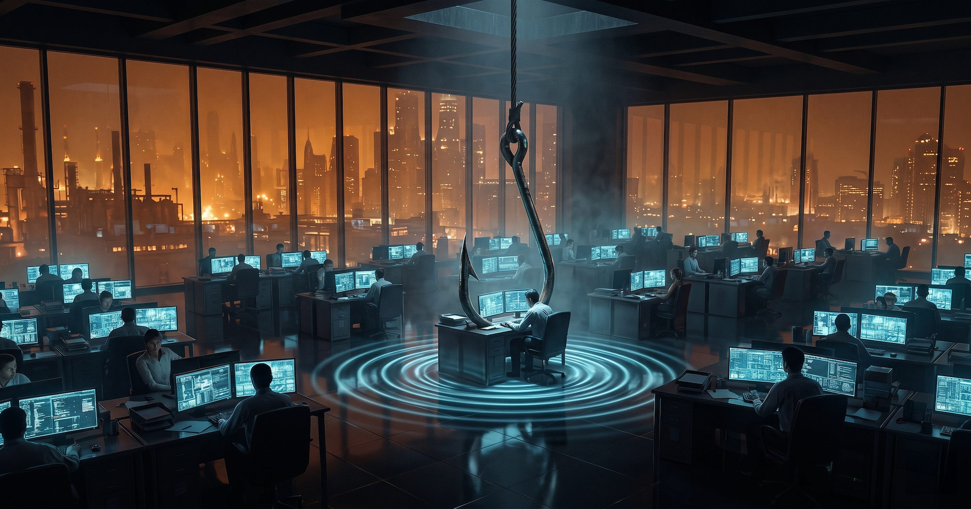 Security operations center with analysts at workstations under a city skyline, and a hooked fishing lure suspended over a desk — illustrating the unresolved blast radius of a detected phishing attack.