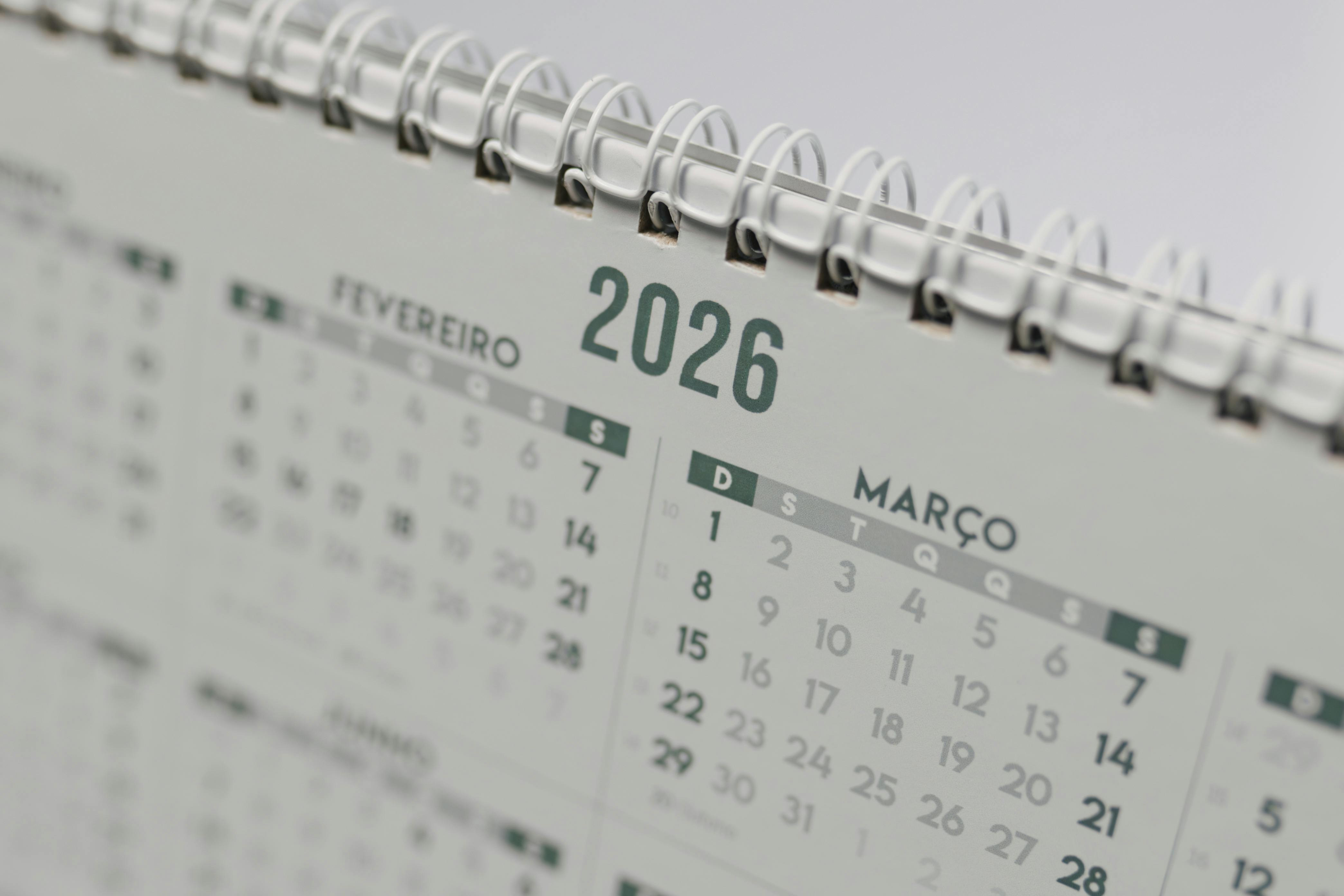 2026 desk calendar close up showing monthly planning and deadline tracking
