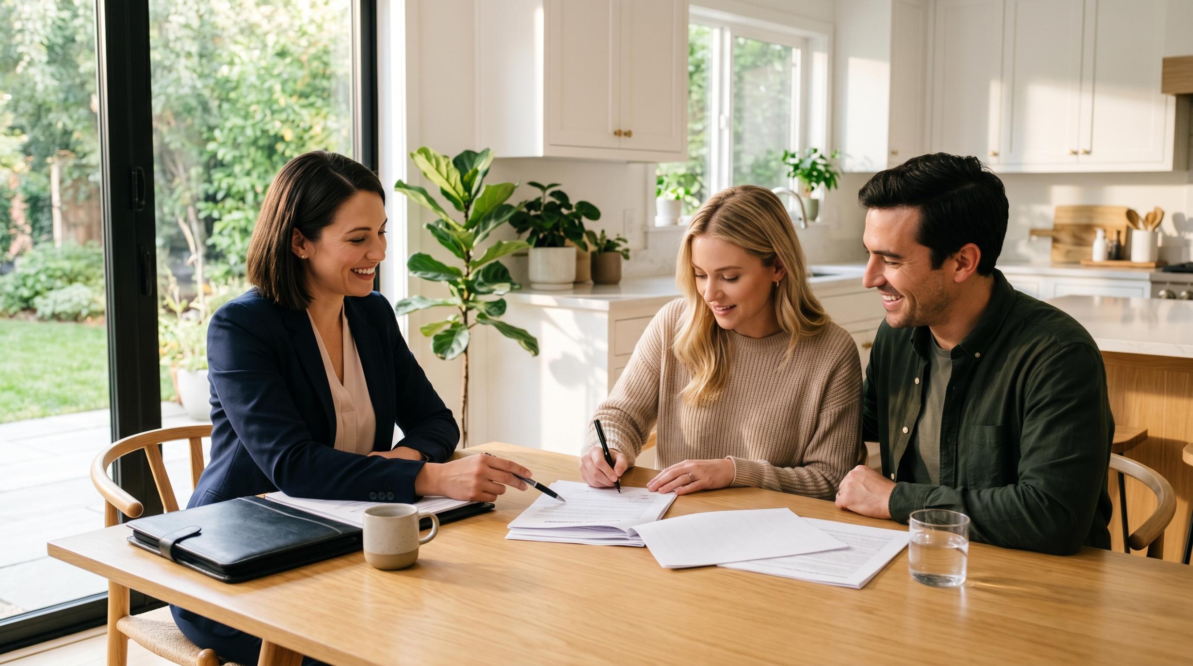 real estate agent and client reviewing and signing documents together at a clean kitchen table in a bright modern home
