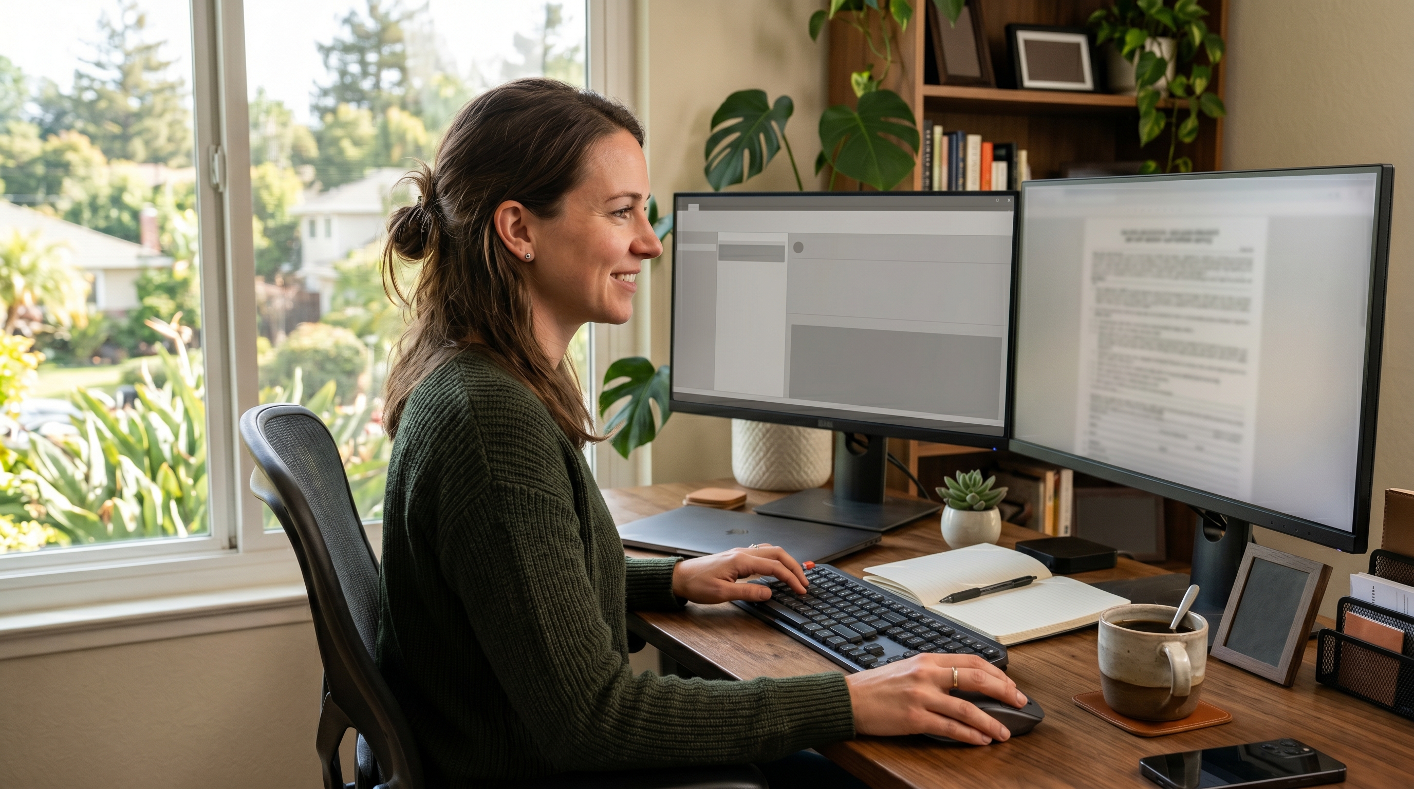 a California real estate agent sitting at a modern kitchen counter with a laptop open, staring at an escrow timeline document with a visible expression of quiet frustration