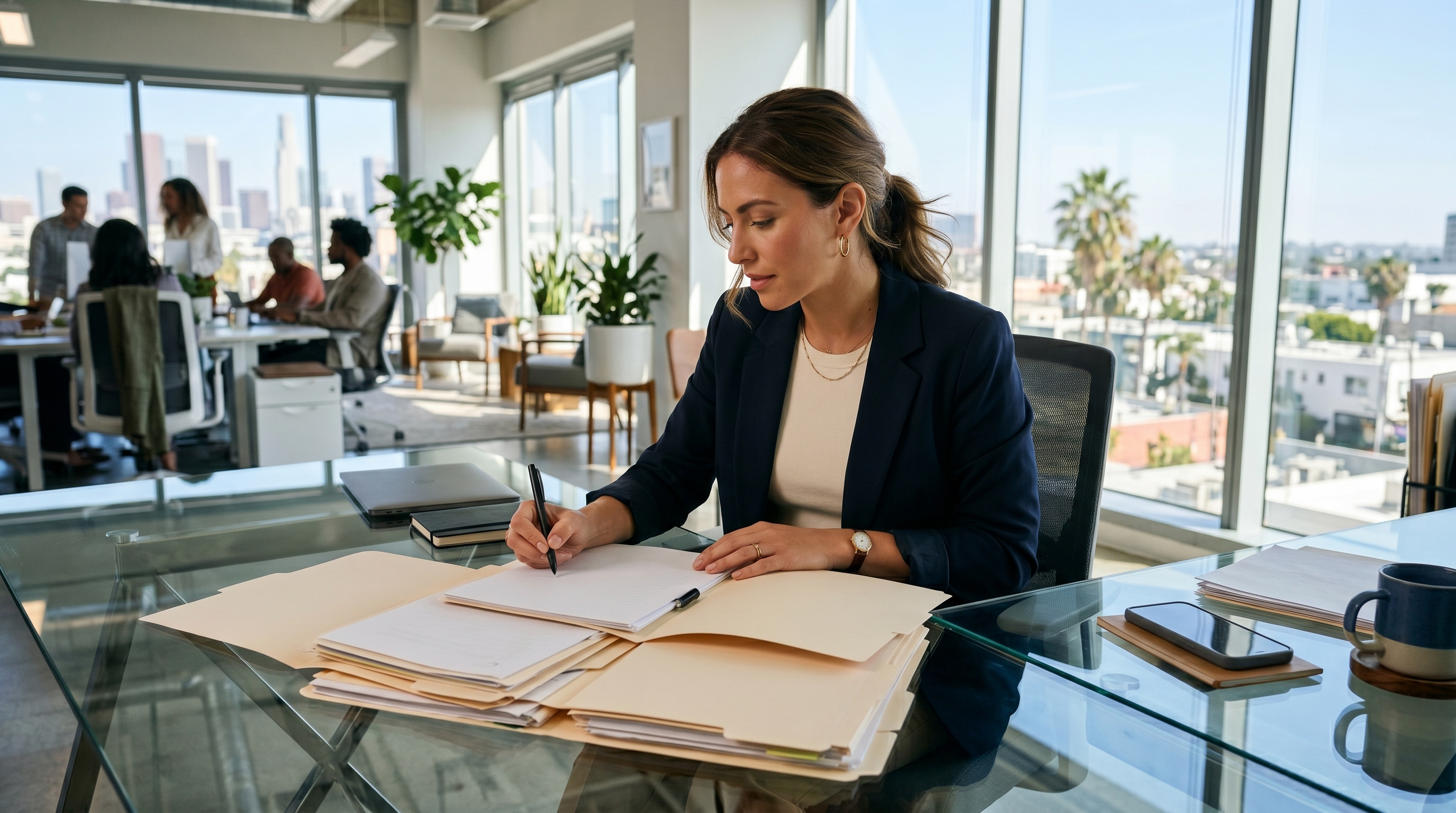 a professional woman in business casual attire reviewing documents at a glass desk in a bright California office.