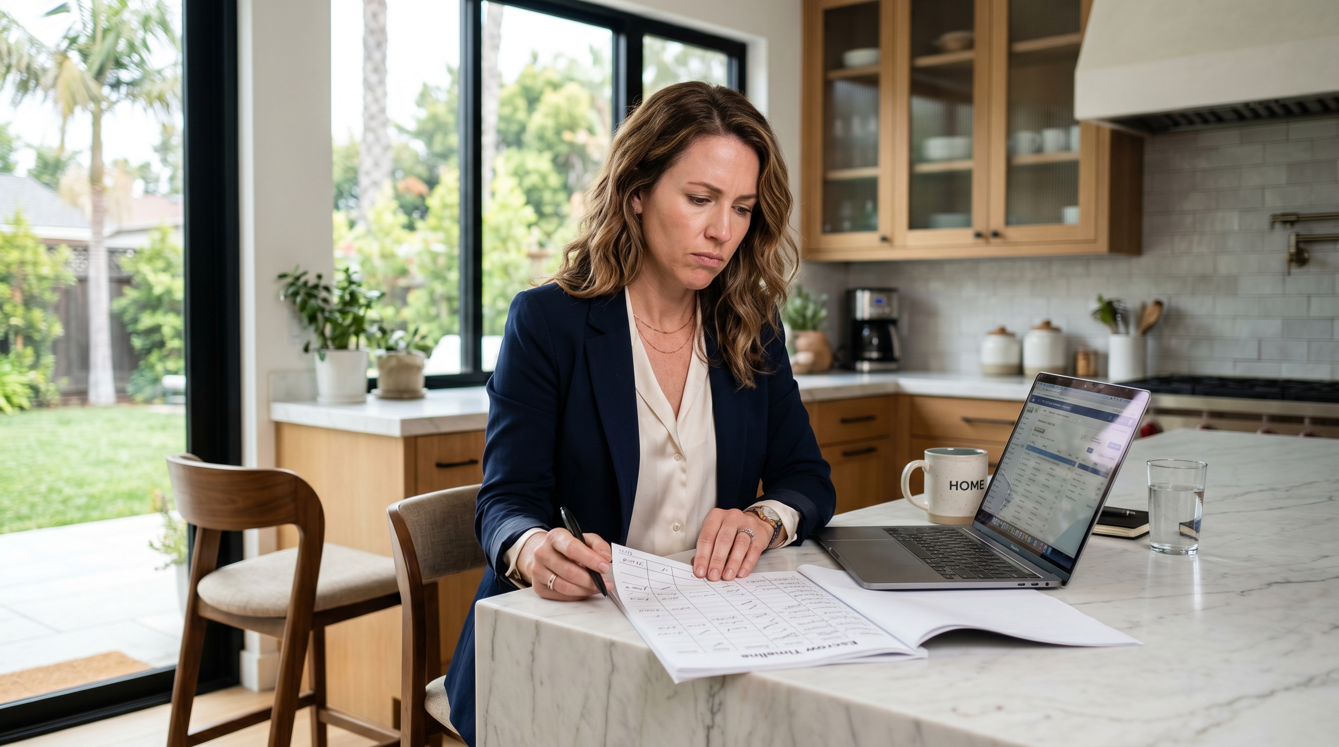 a transaction coordinator working at a home office setup, dual monitors, a California contract document visible on one screen, coffee cup nearby