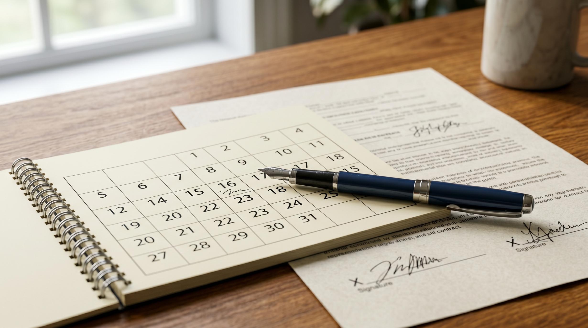close-up of a desk calendar with a real estate contract partially visible underneath, a pen resting across the page