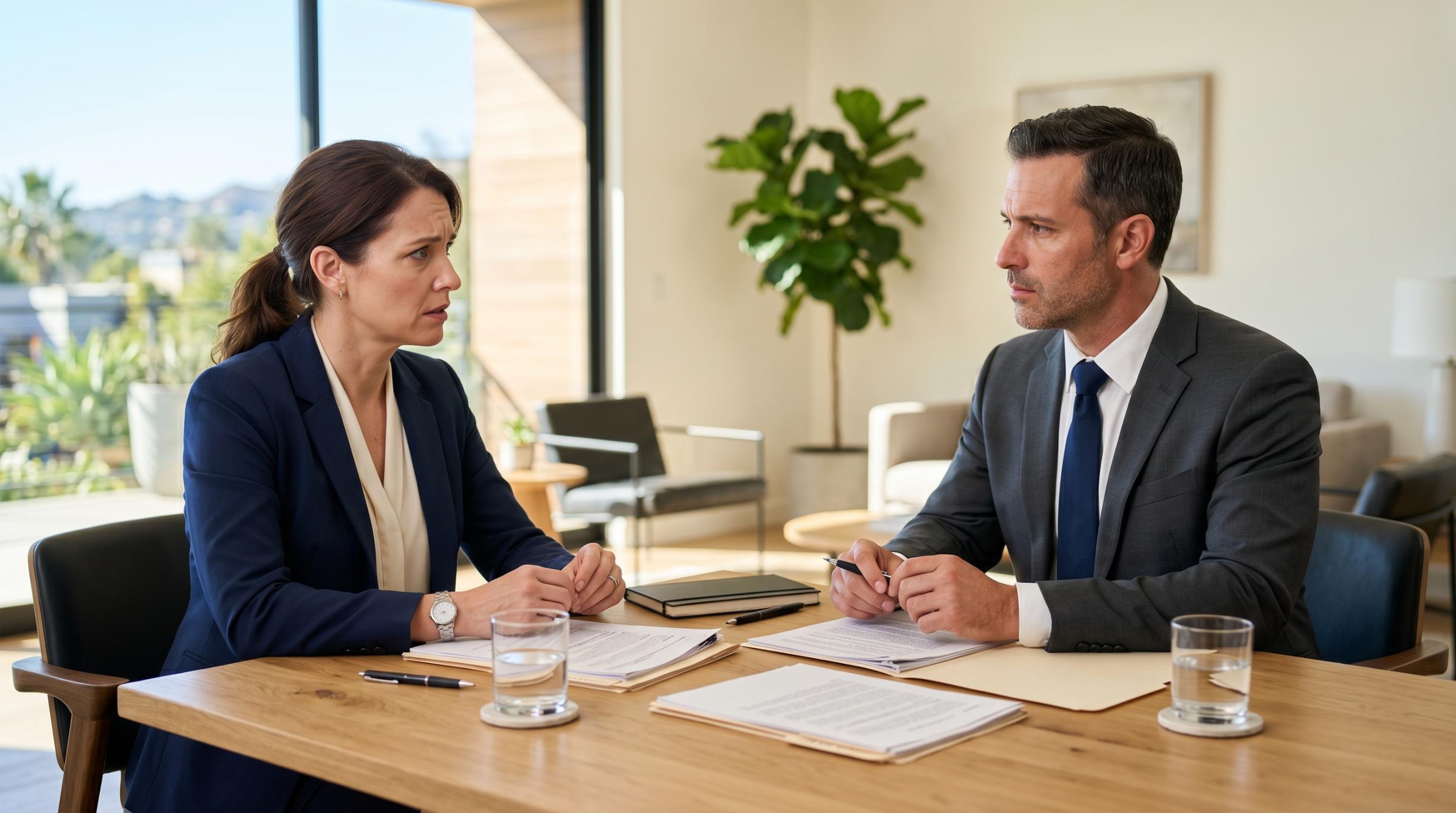 two people sitting across from each other at a table with documents between them, both looking tense but professional.