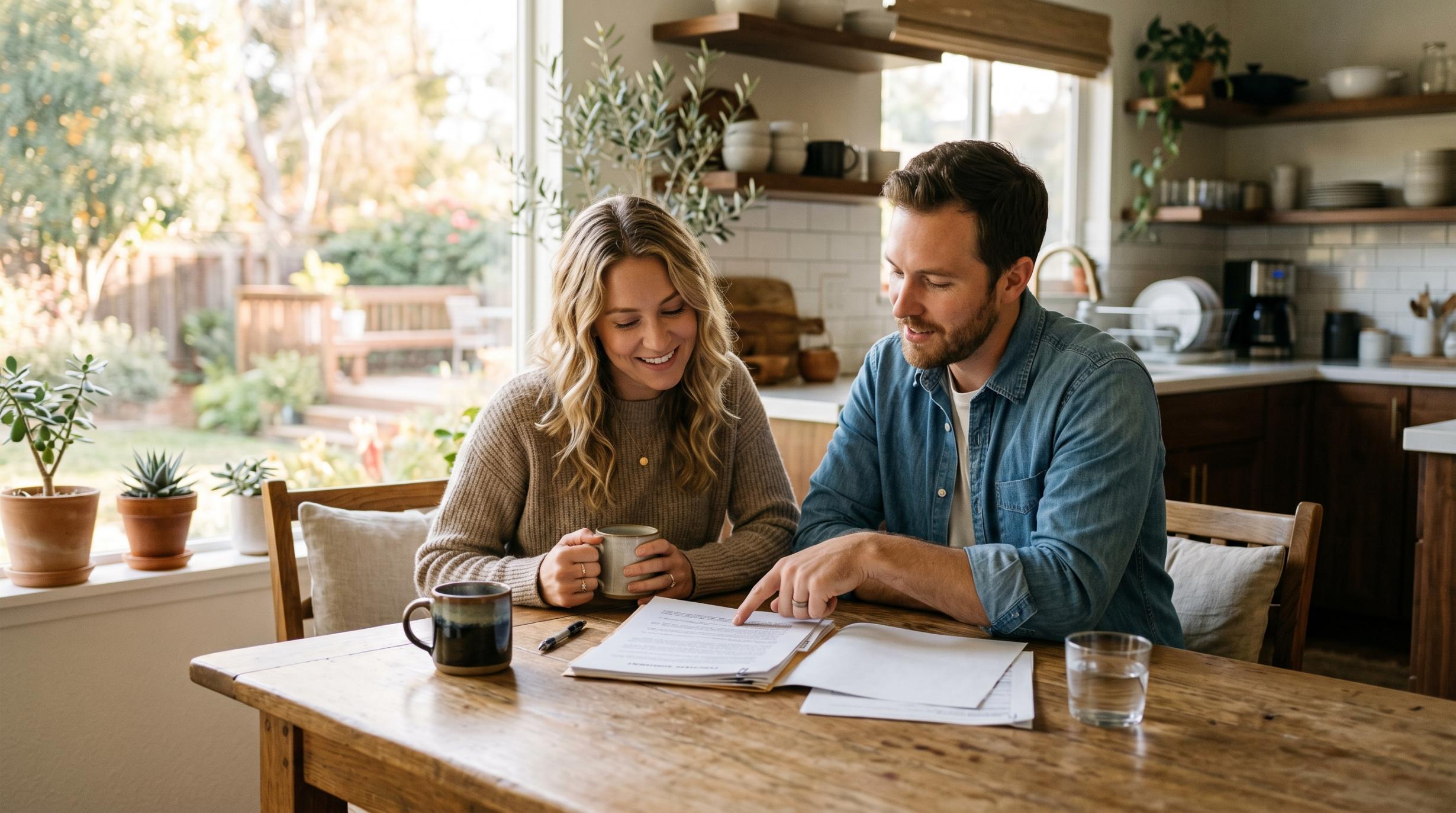 a buyer couple sitting at a kitchen table reviewing a document together, one person pointing at a specific section of the page.
