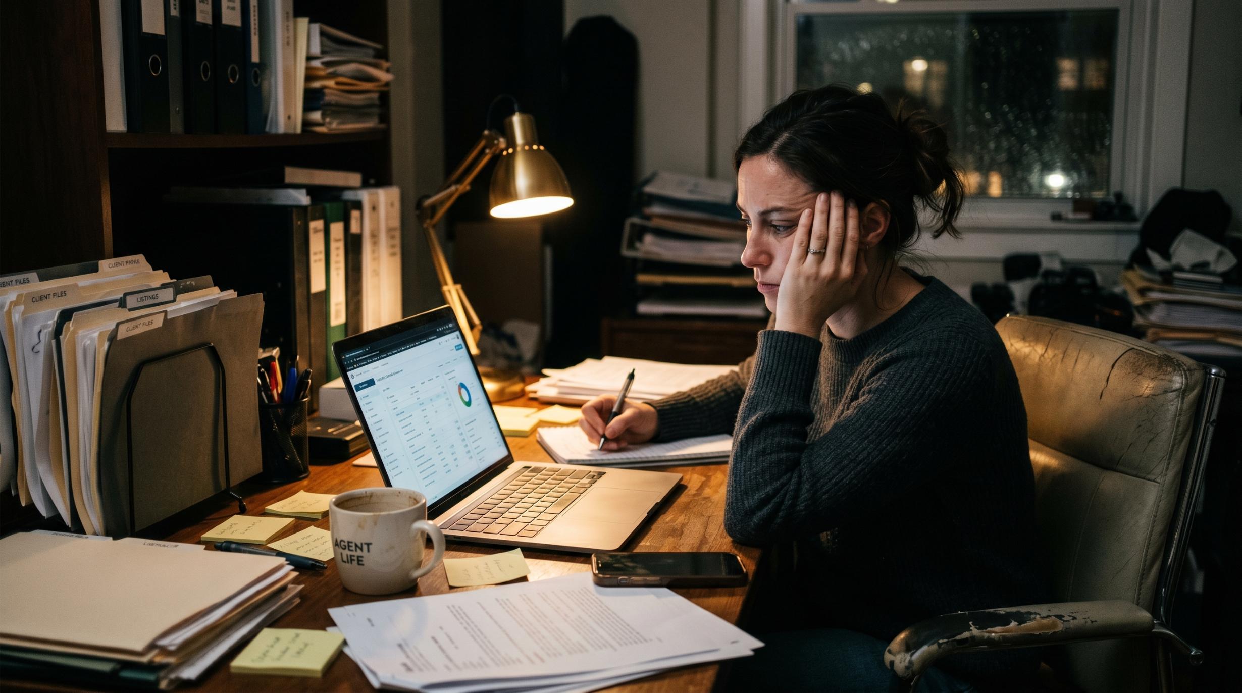 a solo real estate agent sitting at a cluttered desk late in the evening, laptop open with a CRM dashboard faintly visible on screen