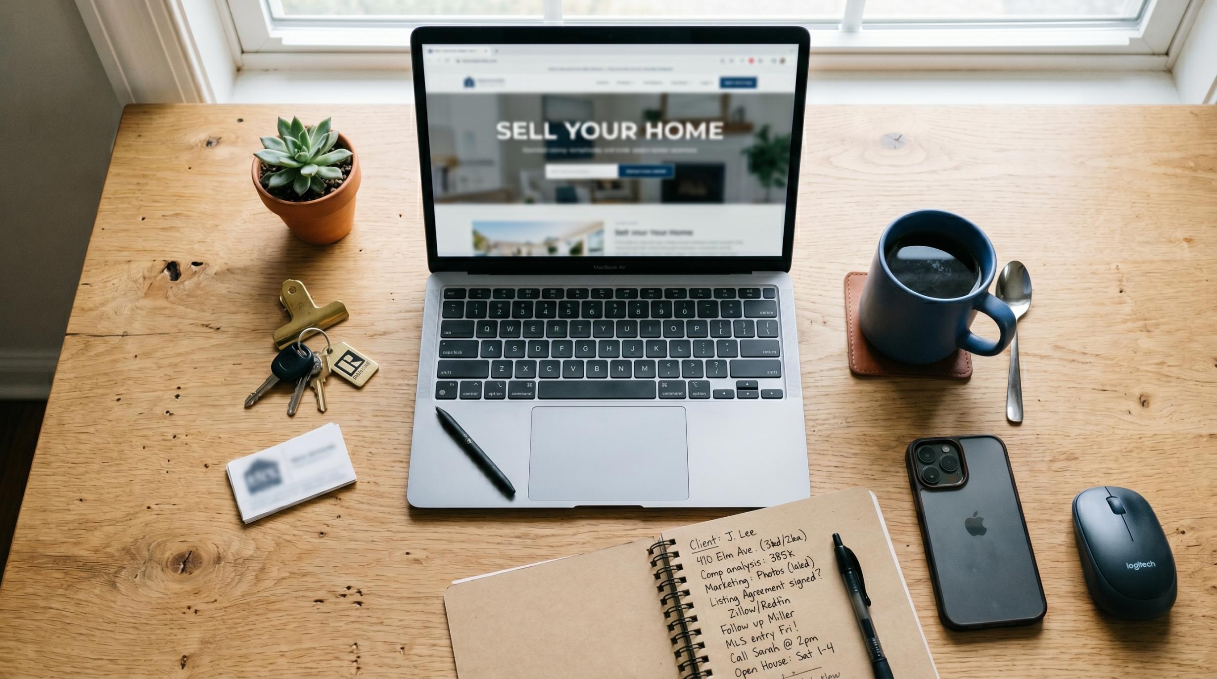 real estate agent's open laptop on a light oak desk, the screen showing a blurred website with a "Sell Your Home" headline visible