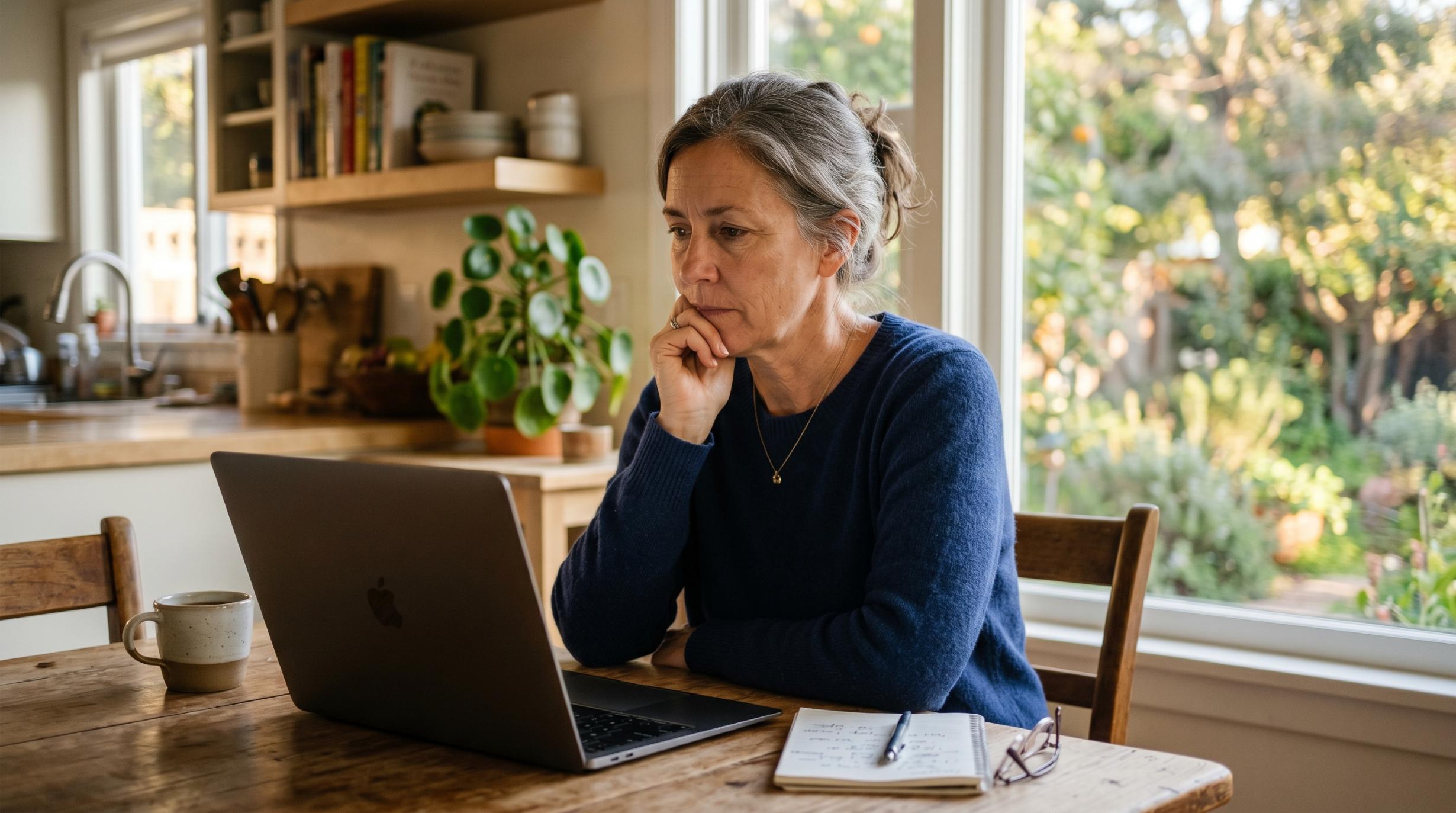 a middle-aged woman sitting at a kitchen table in a well-lit California home, laptop open in front of her