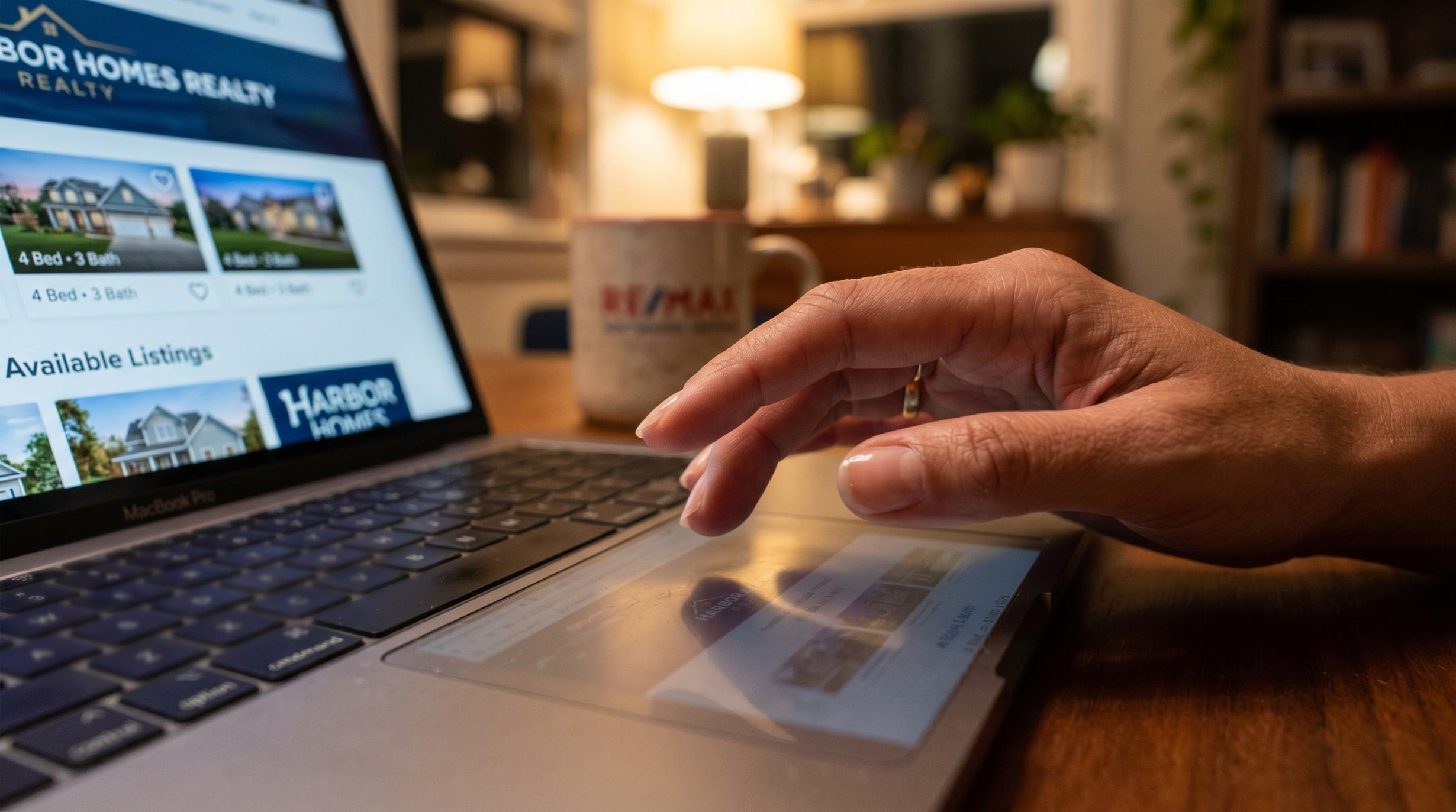 a human hand hovering over a laptop trackpad, the screen faintly reflected in the glossy surface of the desk below