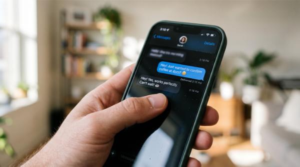 a hand holding a smartphone with a text message conversation visible on screen