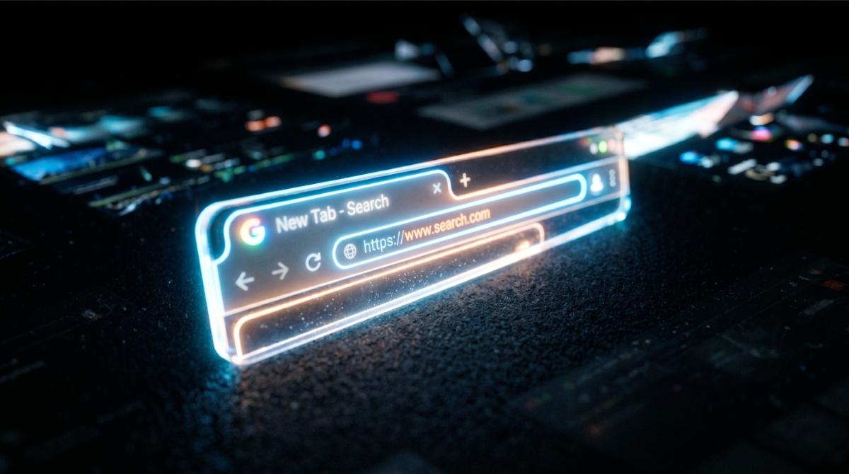 single illuminated browser tab isolated against a dark background, glowing slightly, shot at a dramatic low angle