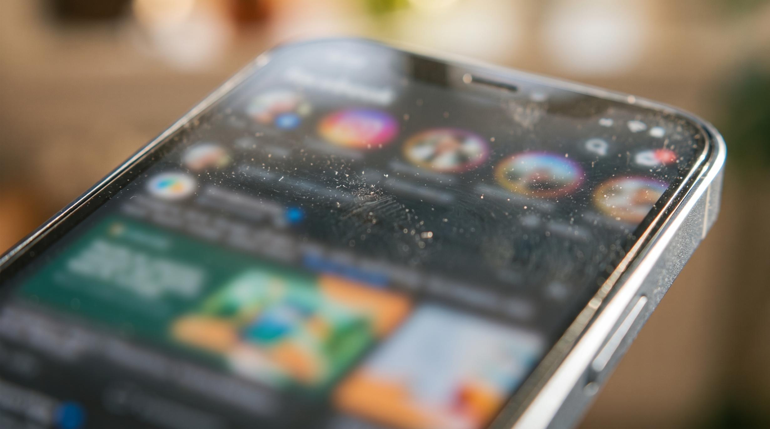 macro photograph of a smartphone screen displaying a blurred social media feed with ad content