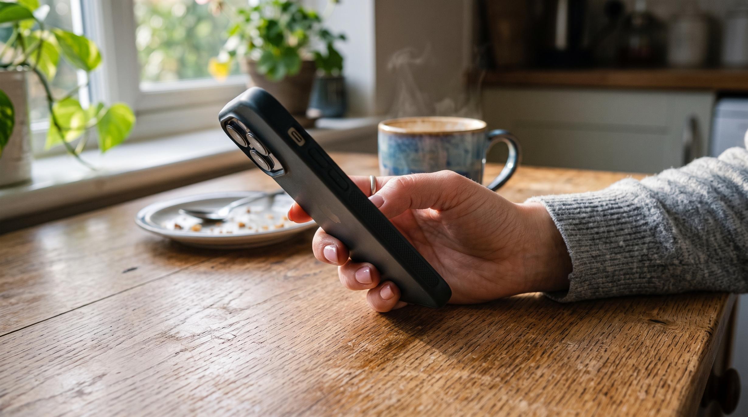 photograph of a hand scrolling a smartphone at a kitchen table, screen angled away from camera and out of focus