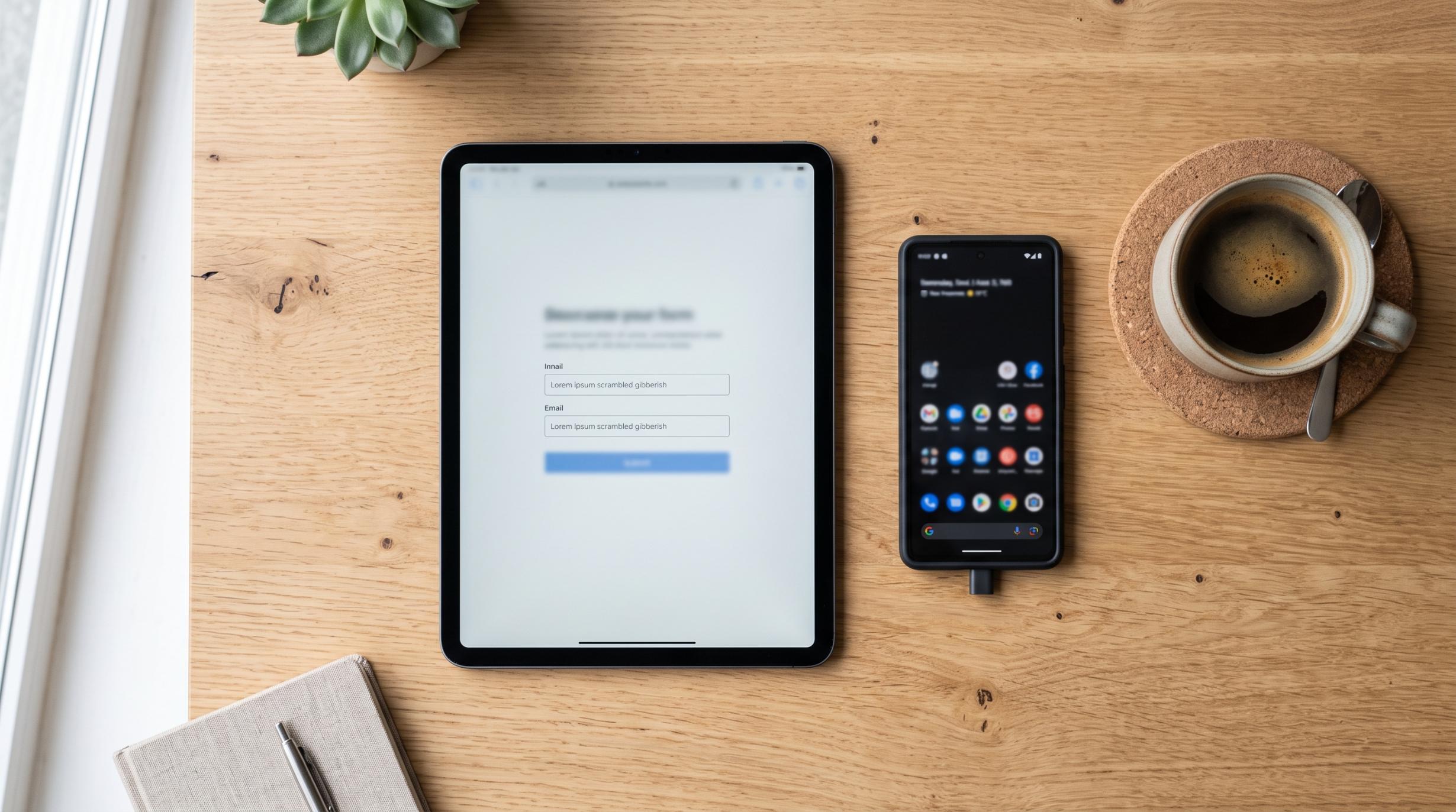 overhead flat-lay photograph of a tablet displaying a simple minimalist web form with two visible input fields