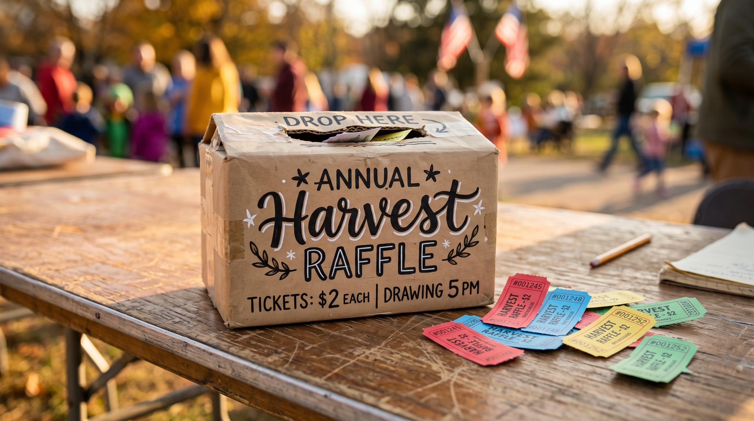 photograph of a hand-lettered raffle ticket box on a folding table, a few colorful ticket stubs scattered beside it