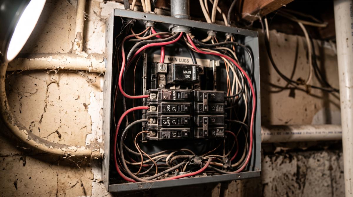 photograph of an older home's electrical panel with the cover removed, shot in tight macro